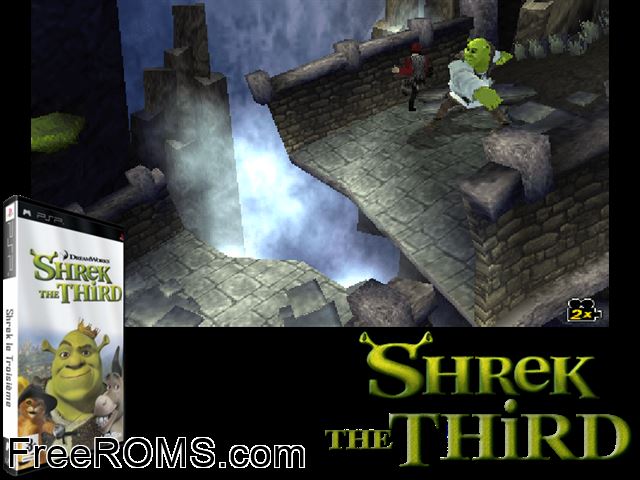 Shrek the Third Europe PSP game showing 3D box cover and gameplay screenshot