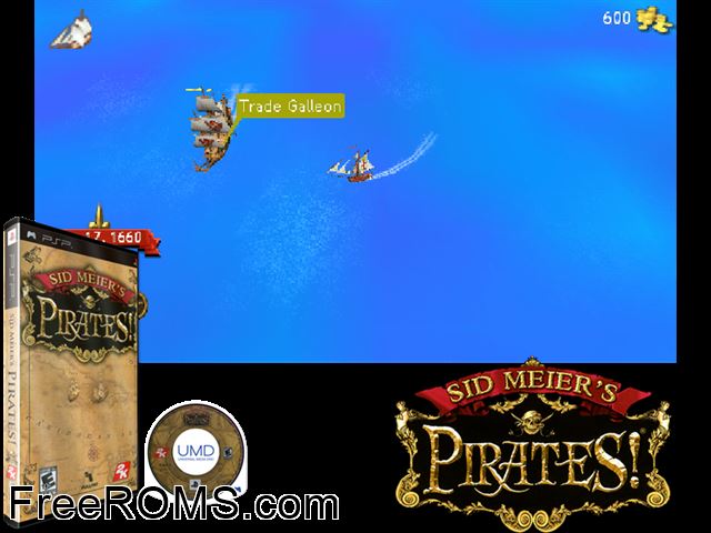 Sid Meiers Pirates (M5) PSP game showing 3D box cover and gameplay screenshot
