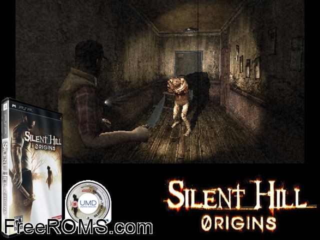 Silent Hill Origins PSP game showing 3D box cover and gameplay screenshot