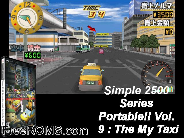 Simple 2500 Series Portable Vol 9 - The My Taxi Japan PSP game showing 3D box cover and gameplay screenshot
