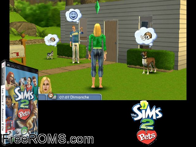 Sims 2 - Pets, The Europe (M6) PSP game showing 3D box cover and gameplay screenshot