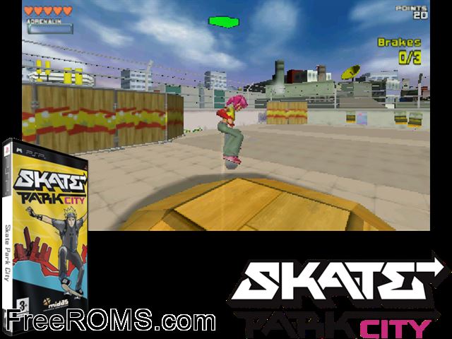 Skate Park City Europe PSP game showing 3D box cover and gameplay screenshot