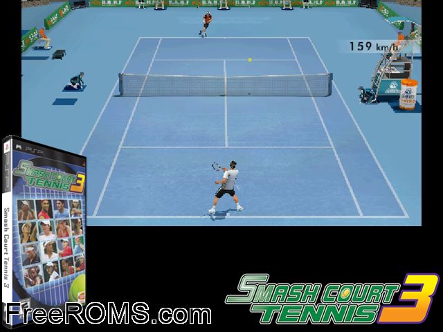 Smash Court Tennis 3 PSP game showing 3D box cover and gameplay screenshot