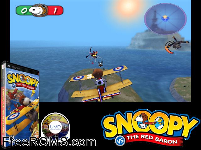 Snoopy vs the Red Baron PSP game showing 3D box cover and gameplay screenshot