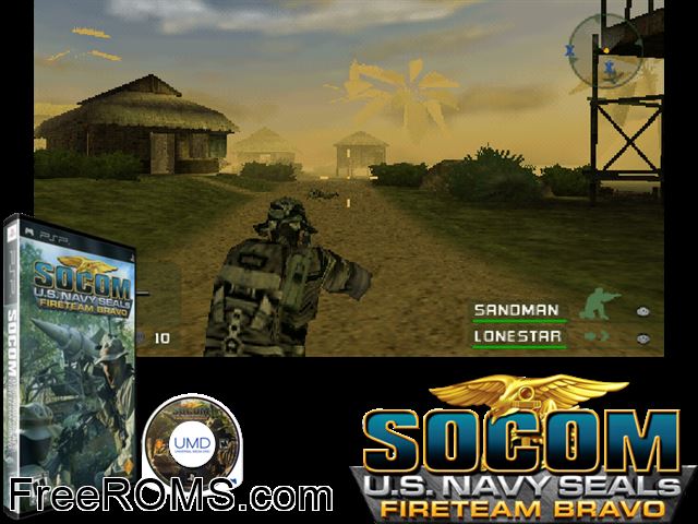 SOCOM - U S Navy SEALs - Fireteam Bravo PSP game showing 3D box cover and gameplay screenshot