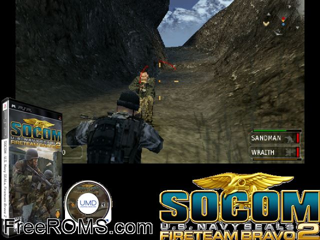 SOCOM - U S Navy SEALs - Fireteam Bravo 2 PSP game showing 3D box cover and gameplay screenshot