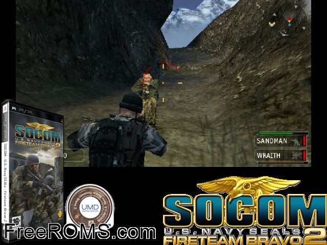 SOCOM - U S Navy SEALs - Fireteam Bravo 2 Europe (M5) PSP game showing 3D box cover and gameplay screenshot