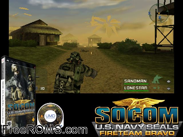 SOCOM - U S Navy SEALs - Fireteam Bravo Europe (M5) PSP game showing 3D box cover and gameplay screenshot