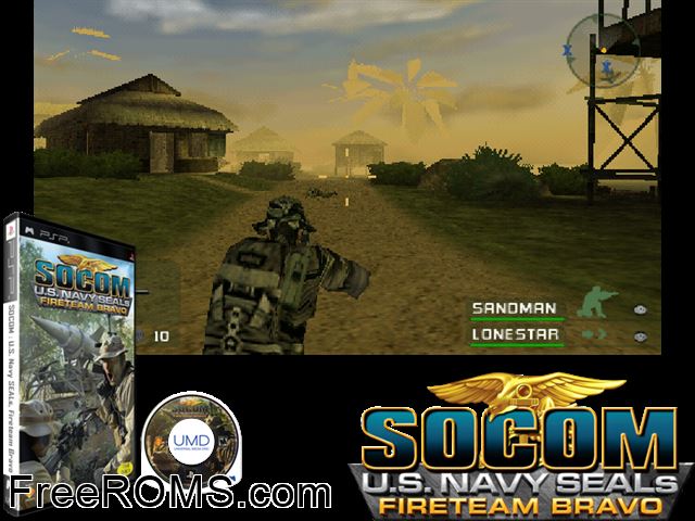 SOCOM - U S Navy SEALs - Fireteam Bravo Korea PSP game showing 3D box cover and gameplay screenshot