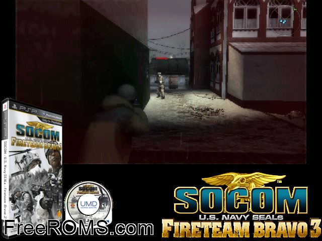 SOCOM - U S Navy SEALs Fireteam Bravo 3 Korea (M2) PSP game showing 3D box cover and gameplay screenshot