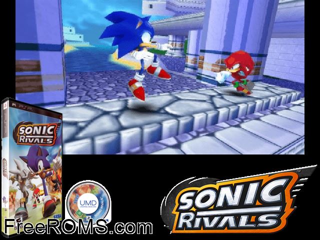 Sonic Rivals PSP game showing 3D box cover and gameplay screenshot