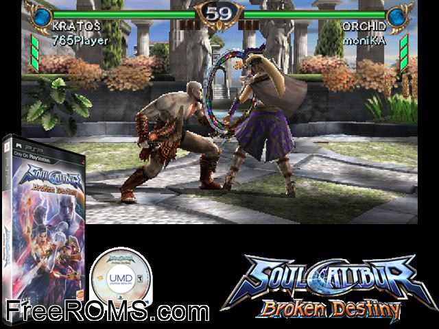 Soul Calibur - Broken Destiny PSP game showing 3D box cover and gameplay screenshot