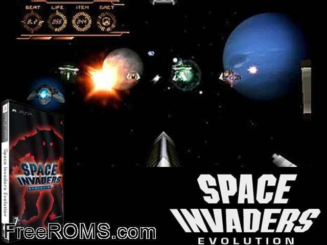 Space Invaders - Evolution Europe (M6) PSP game showing 3D box cover and gameplay screenshot