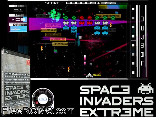 Space Invaders Extreme (M5) PSP game showing 3D box cover and gameplay screenshot