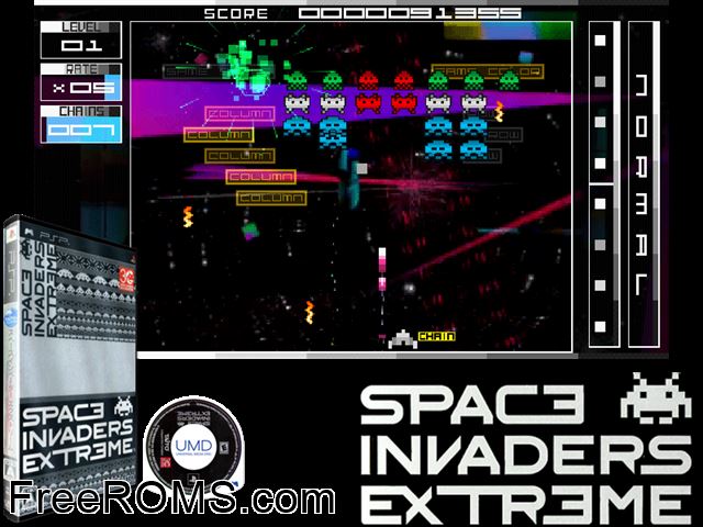 Space Invaders Extreme Japan PSP game showing 3D box cover and gameplay screenshot