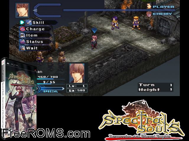 Spectral Souls - Resurrection of the Ethereal Empire PSP game showing 3D box cover and gameplay screenshot