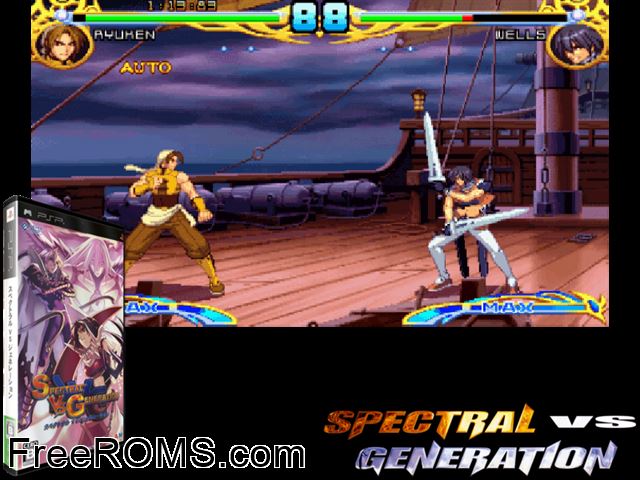 Spectral vs Generation Japan PSP game showing 3D box cover and gameplay screenshot