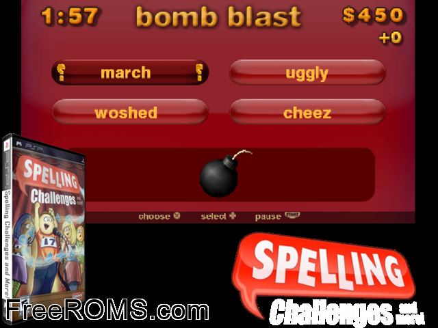 Spelling Challenges and More PSP game showing 3D box cover and gameplay screenshot