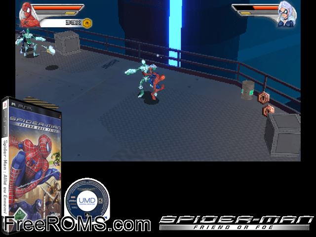 Spider-Man - Freund oder Feind Germany PSP game showing 3D box cover and gameplay screenshot