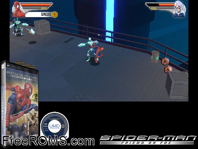 Spider-Man - Friend or Foe PSP game showing 3D box cover and gameplay screenshot