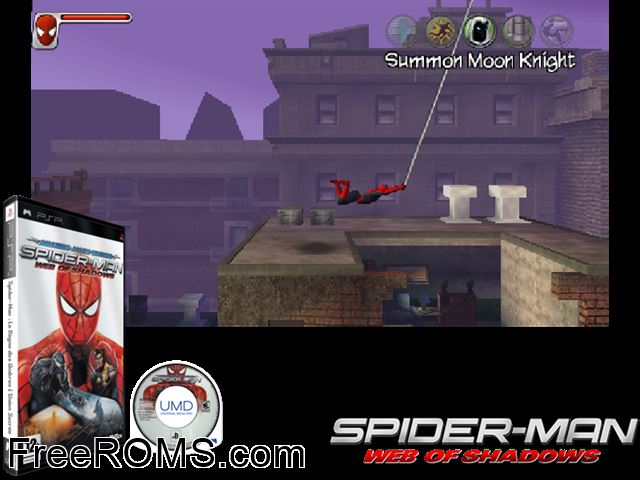 Spider-Man - Web of Shadows (v2) Europe (M5) PSP game showing 3D box cover and gameplay screenshot