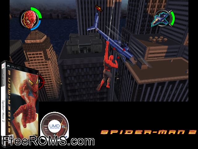 Spider-Man 2 PSP game showing 3D box cover and gameplay screenshot