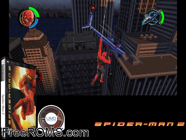 Spider-Man 2 Japan PSP game showing 3D box cover and gameplay screenshot