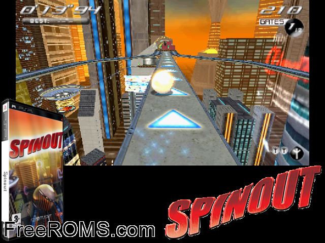 Spinout Europe PSP game showing 3D box cover and gameplay screenshot