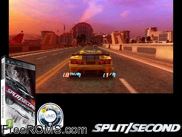 Split Second Velocity PSP game showing 3D box cover and gameplay screenshot