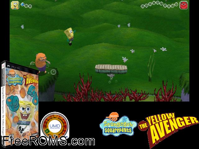 SpongeBob SquarePants - The Yellow Avenger PSP game showing 3D box cover and gameplay screenshot
