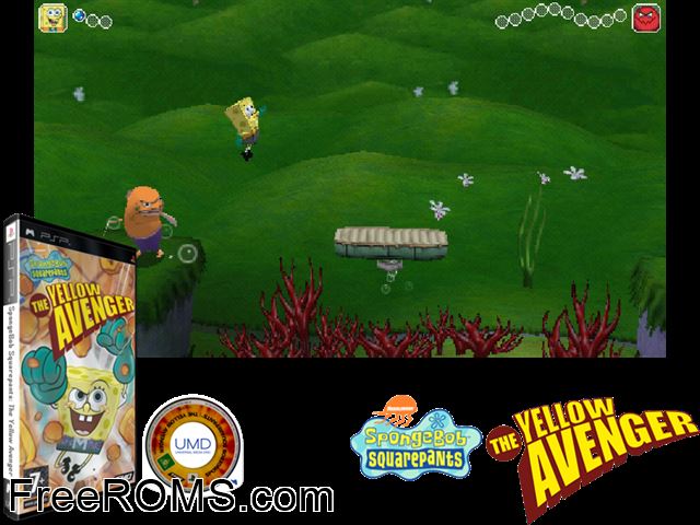 SpongeBob SquarePants - The Yellow Avenger Europe PSP game showing 3D box cover and gameplay screenshot