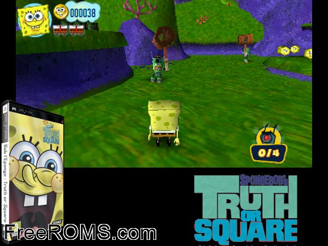 SpongeBobs Truth or Square PSP game showing 3D box cover and gameplay screenshot