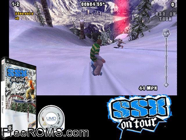 SSX - On Tour (M3) PSP game showing 3D box cover and gameplay screenshot