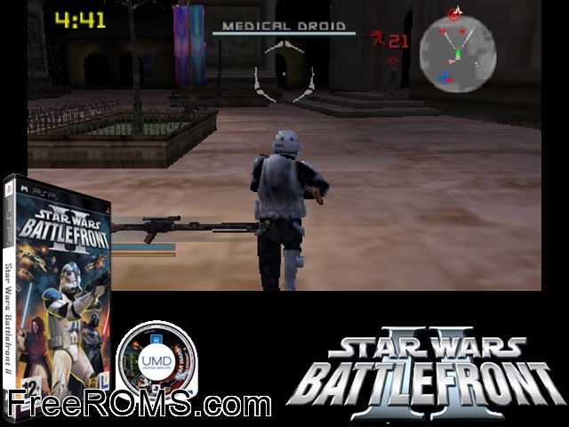 Star Wars - Battlefront II Europe (M5) PSP game showing 3D box cover and gameplay screenshot