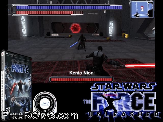 Star Wars - The Force Unleashed Europe (M2) PSP game showing 3D box cover and gameplay screenshot