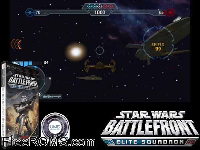 Star Wars Battlefront - Elite Squadron (M5) PSP game showing 3D box cover and gameplay screenshot