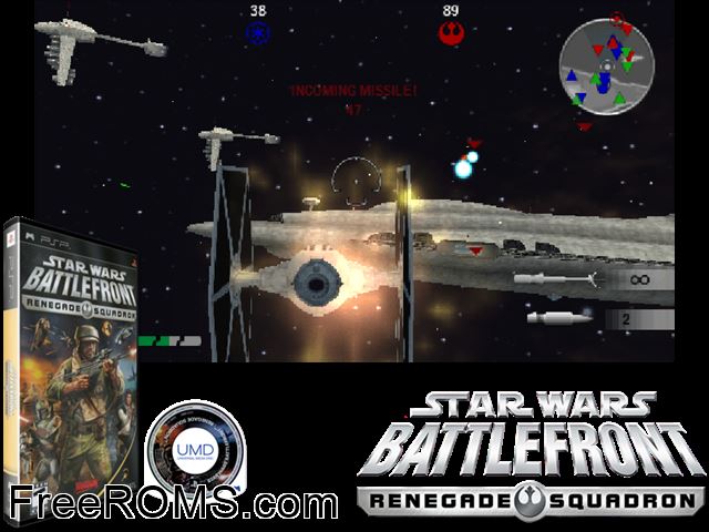Star Wars Battlefront - Renegade Squadron PSP game showing 3D box cover and gameplay screenshot