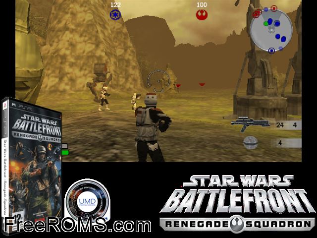 Star Wars Battlefront - Renegade Squadron Europe (M5) PSP game showing 3D box cover and gameplay screenshot