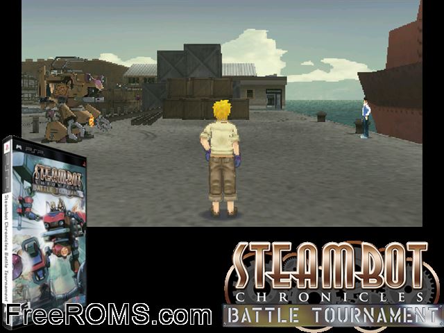 Steambot Chronicles - Battle Tournament PSP game showing 3D box cover and gameplay screenshot