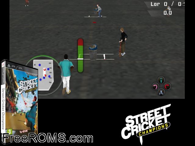 Street Cricket Champions Europe PSP game showing 3D box cover and gameplay screenshot