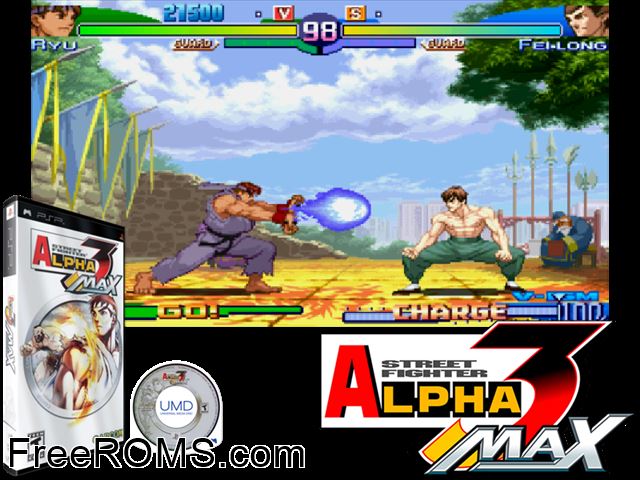 Street Fighter Alpha 3 Max PSP game showing 3D box cover and gameplay screenshot