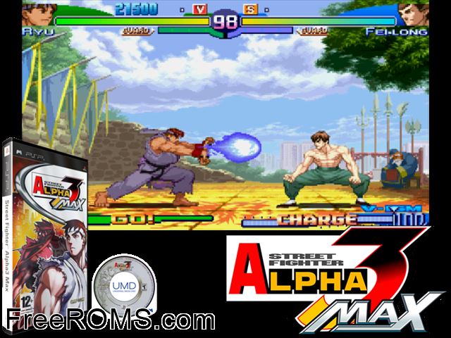 Street Fighter Alpha 3 MAX Europe PSP game showing 3D box cover and gameplay screenshot