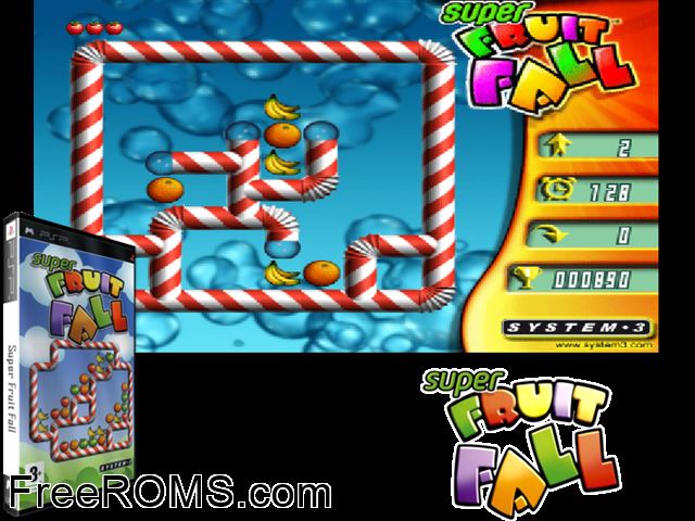 Super Fruit Fall Europe (M5) PSP game showing 3D box cover and gameplay screenshot
