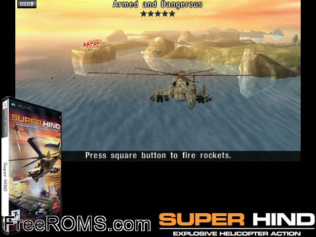 Super Hind Europe (M6) PSP game showing 3D box cover and gameplay screenshot