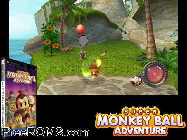 Super Monkey Ball Adventure Europe (M5) PSP game showing 3D box cover and gameplay screenshot