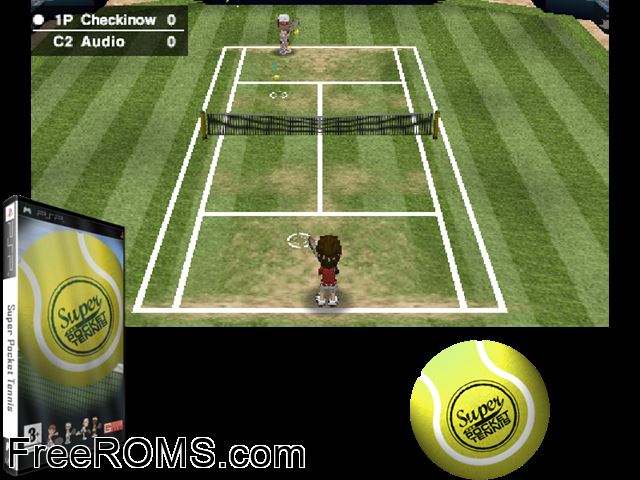 Super Pocket Tennis Europe PSP game showing 3D box cover and gameplay screenshot
