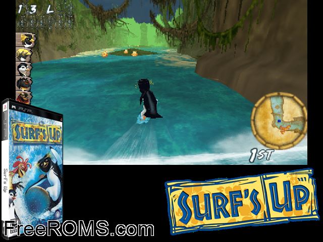 Surfs Up (M3) PSP game showing 3D box cover and gameplay screenshot