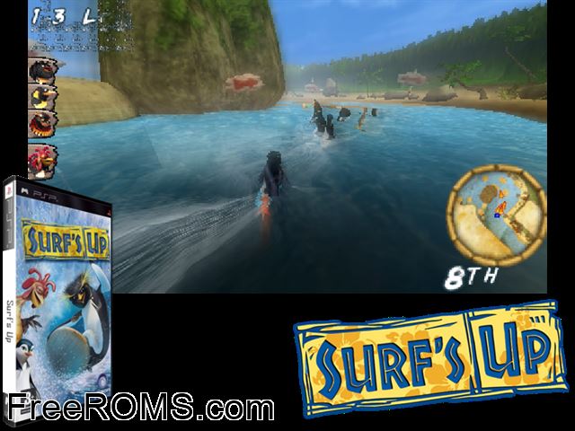 Surfs Up Europe (M5) PSP game showing 3D box cover and gameplay screenshot