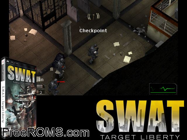 SWAT - Target Liberty PSP game showing 3D box cover and gameplay screenshot