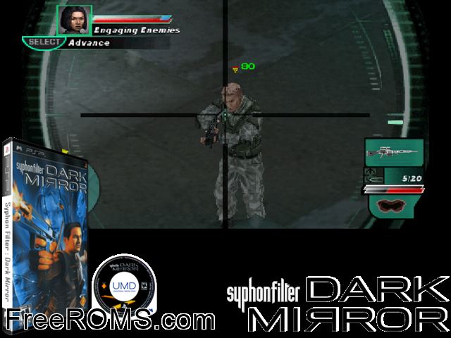 Syphon Filter - Dark Mirror PSP game showing 3D box cover and gameplay screenshot